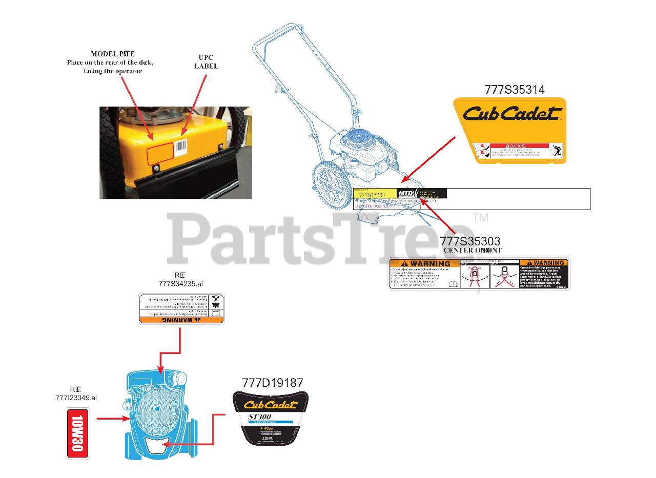 Cub Cadet ST 100 (25A262J709) Cub Cadet Wheeled String Trimmer (2017) Label Map Parts Lookup