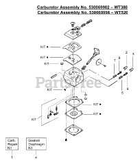 Poulan PE 3500 - Poulan Edger Carburetor Assembly (WT380) PN 530069902, (WT520) 530069998