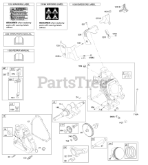 Briggs & Stratton 20M214-0539-E2 - Briggs & Stratton Horizontal Engine Camshaft, Crankcase Cover, Crankshaft, Cylinder, Lubrication, Operator's Manual, Piston/Rings/Connecting Rod, Warning Label
