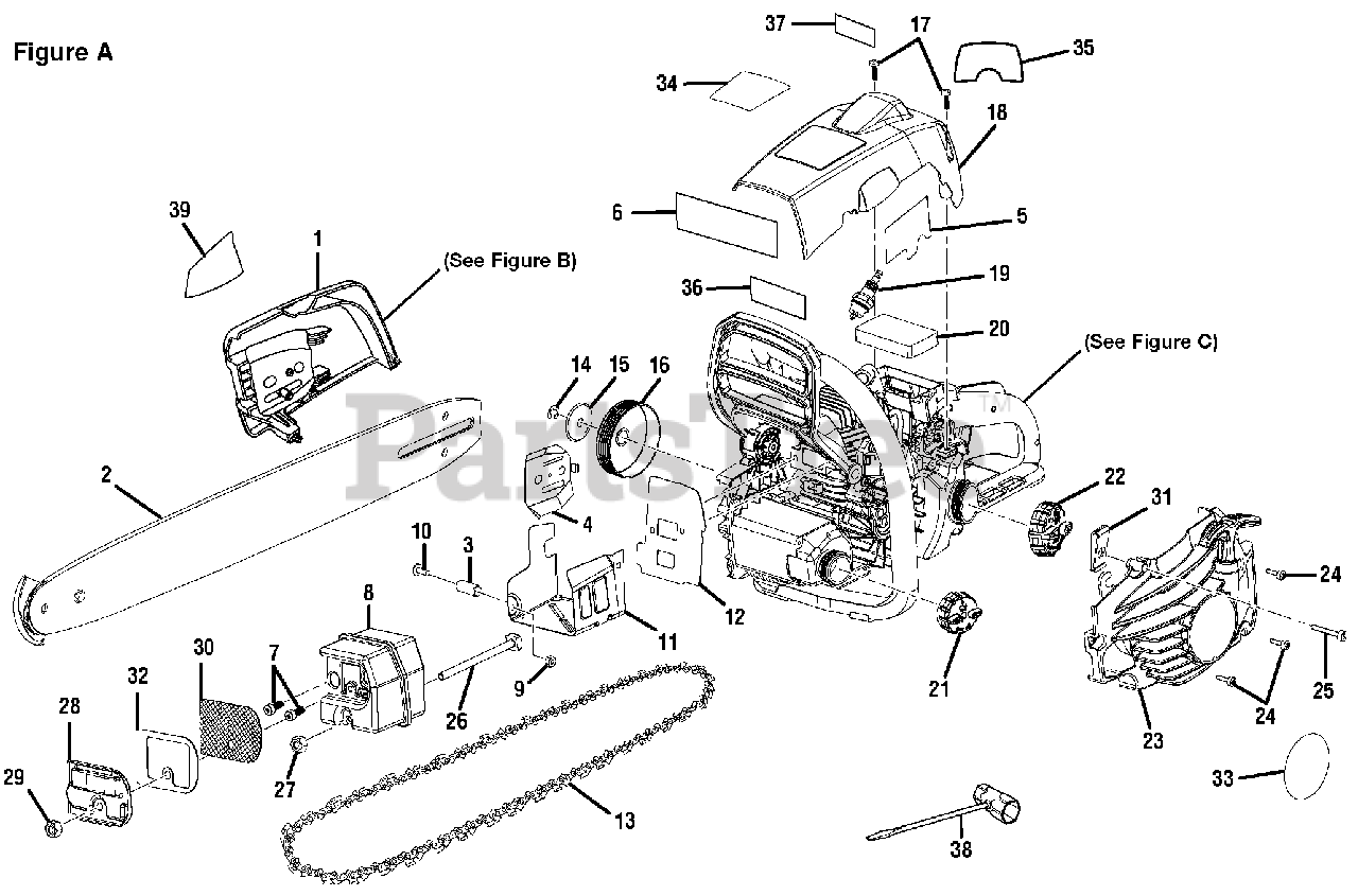 Homelite UT10680 Homelite 18" Chainsaw, 42cc Figure A Parts Lookup