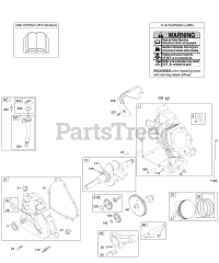 Briggs & Stratton 213432-0100-E1 - Briggs & Stratton Horizontal Engine Camshaft, Crankcase Cover, Crankshaft, Cylinder, Lubrication, Operator's Manual, Piston/Rings/Connecting Rod, Warning Label