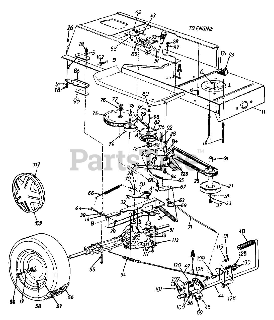 Hechinger 06-474795 (136L660F372) - Hechinger Lawn Tractor (1996) Drive/Frame, Lower/Pedal Assembly/Wheels, Rear