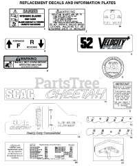 Scag SCZ52V-25CV-EFI - Scag Cheetah 52" Zero-Turn Mower, 25hp Kohler (SN: L6400001 - L6499999) Replacement Decals And Information Plates (Part 1)