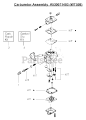 Poulan Pro PP 33 - Poulan Pro String Trimmer Carburetor Assembly (WT598) P/N 530071403