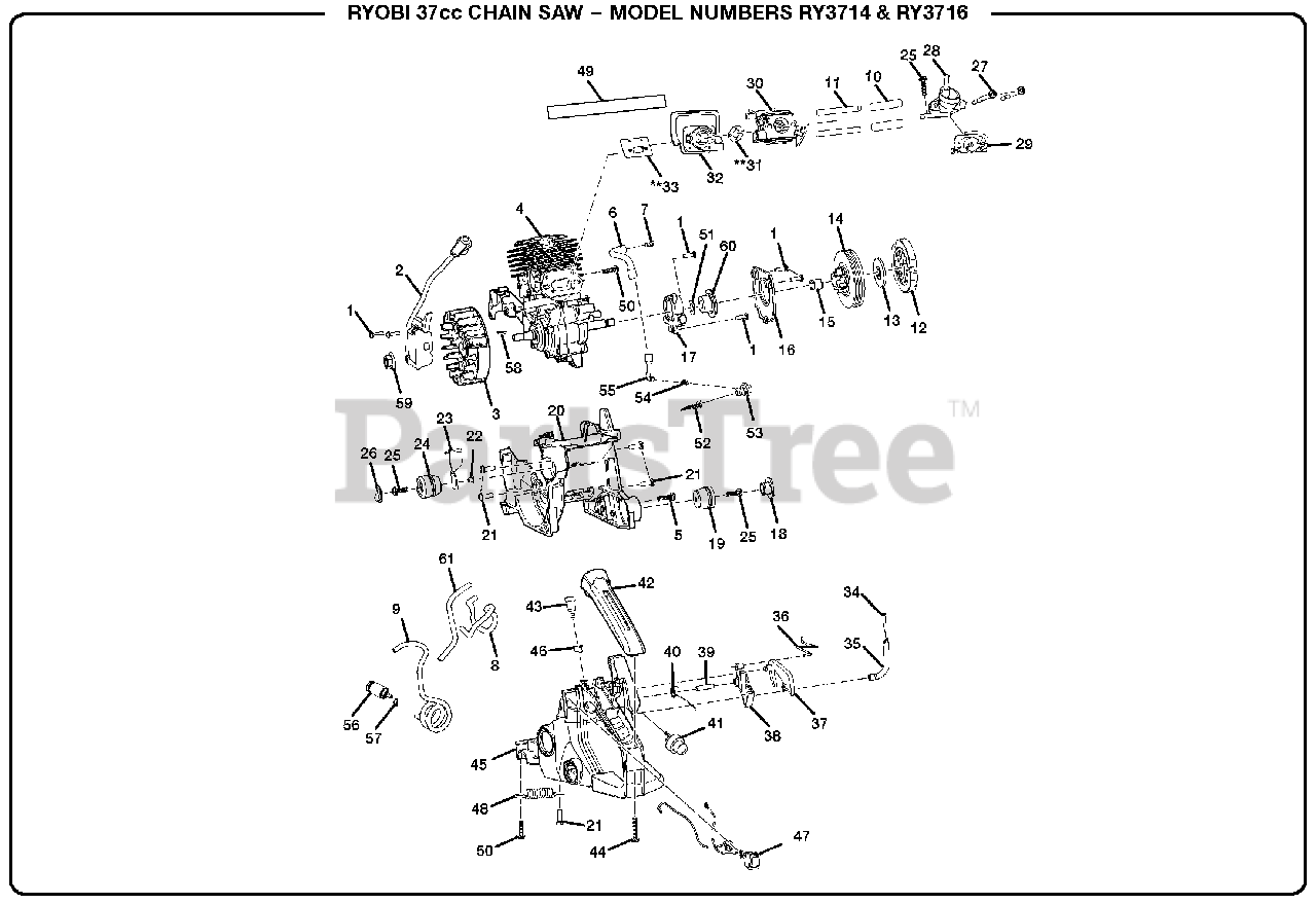 Ryobi RY 3714 (090180501) Ryobi Chainsaw, 37cc General Assembly (Part