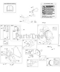 Briggs & Stratton 20A114-0131-E1 - Briggs & Stratton Horizontal Engine Camshaft, Crankcase Cover, Crankshaft, Cylinder, Lubrication, Operator's Manual, Piston/Rings/Connecting Rod, Warning Label