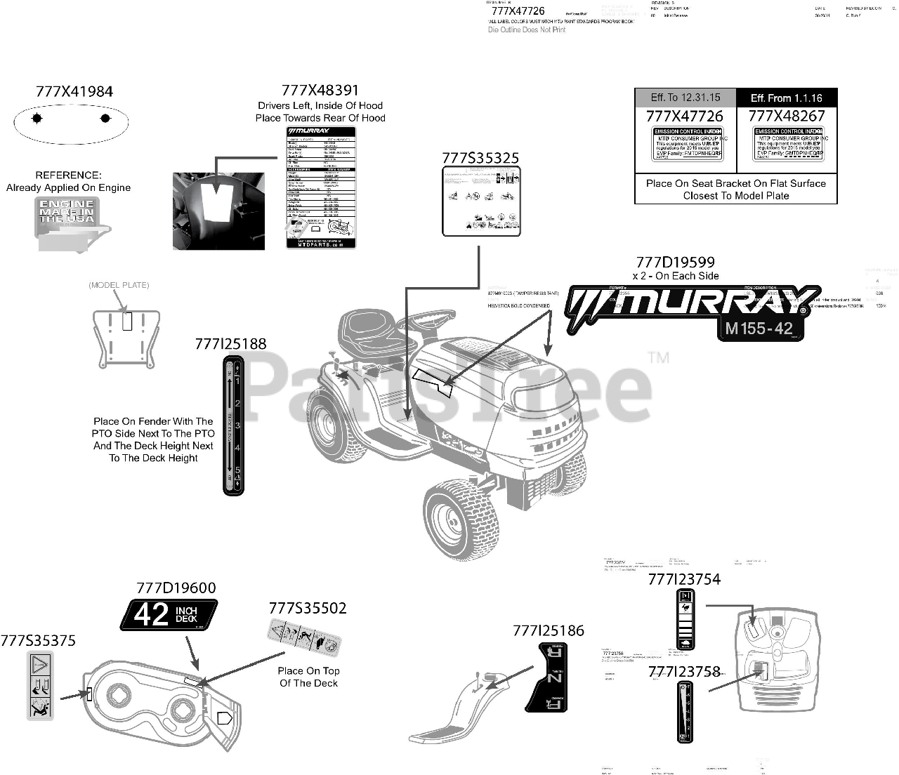 Murray M 15542 (13AM775S058) Murray Lawn Tractor (2016) Label Map