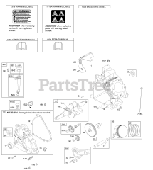 Briggs & Stratton 202332-0182-E9 - Briggs & Stratton Horizontal Engine Camshaft, Crankcase Cover, Crankshaft, Cylinder, Lubrication, Operator's Manual, Piston/Rings/Connecting Rod, Warning Label
