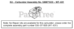Weed Eater SST 25 HO - Weed Eater Featherlite String Trimmer, Type 1 Carburetor Assembly (WT-631) P/N 530071635