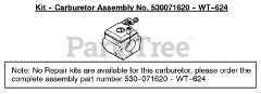 Snapper S 1634 - Snapper Chainsaw, Type 1 Carburetor Assembly (WT624) P/N 530071620