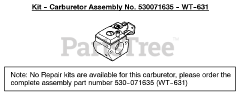 Weed Eater PL 500 - Weed Eater String Trimmer, Type 2 Carburetor Assembly (WT631) P/N 530071635