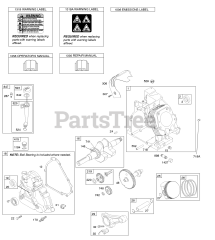 Briggs & Stratton 201352-0049-E9 - Briggs & Stratton Horizontal Engine Camshaft, Crankcase Cover, Crankshaft, Cylinder, Lubrication, Operator's Manual, Piston/Rings/Connecting Rod, Warning Label