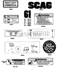 Scag SWZ-18BV - Scag Walk-Behind Mower, 18hp Vanguard (SN: 3330001 - 3339999) Replacement Decals &amp; Information I